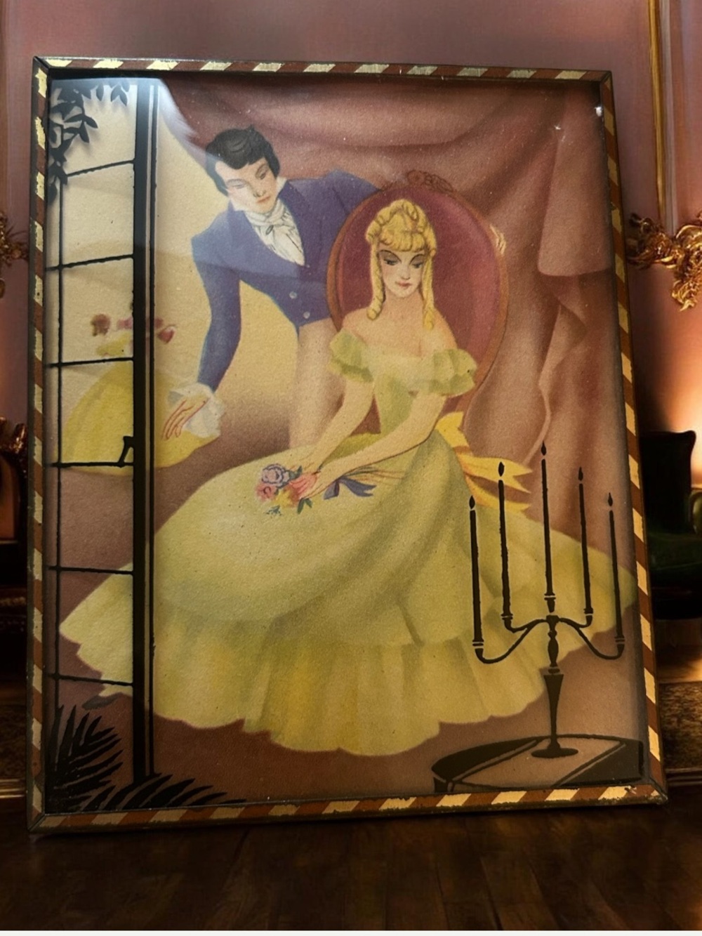 Vintage Mid Century “Cinderella Scene” by Sandre Bubble Glass Reverse Painting